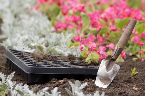 Visual of complaint handling in a landscaped garden setting with review notes